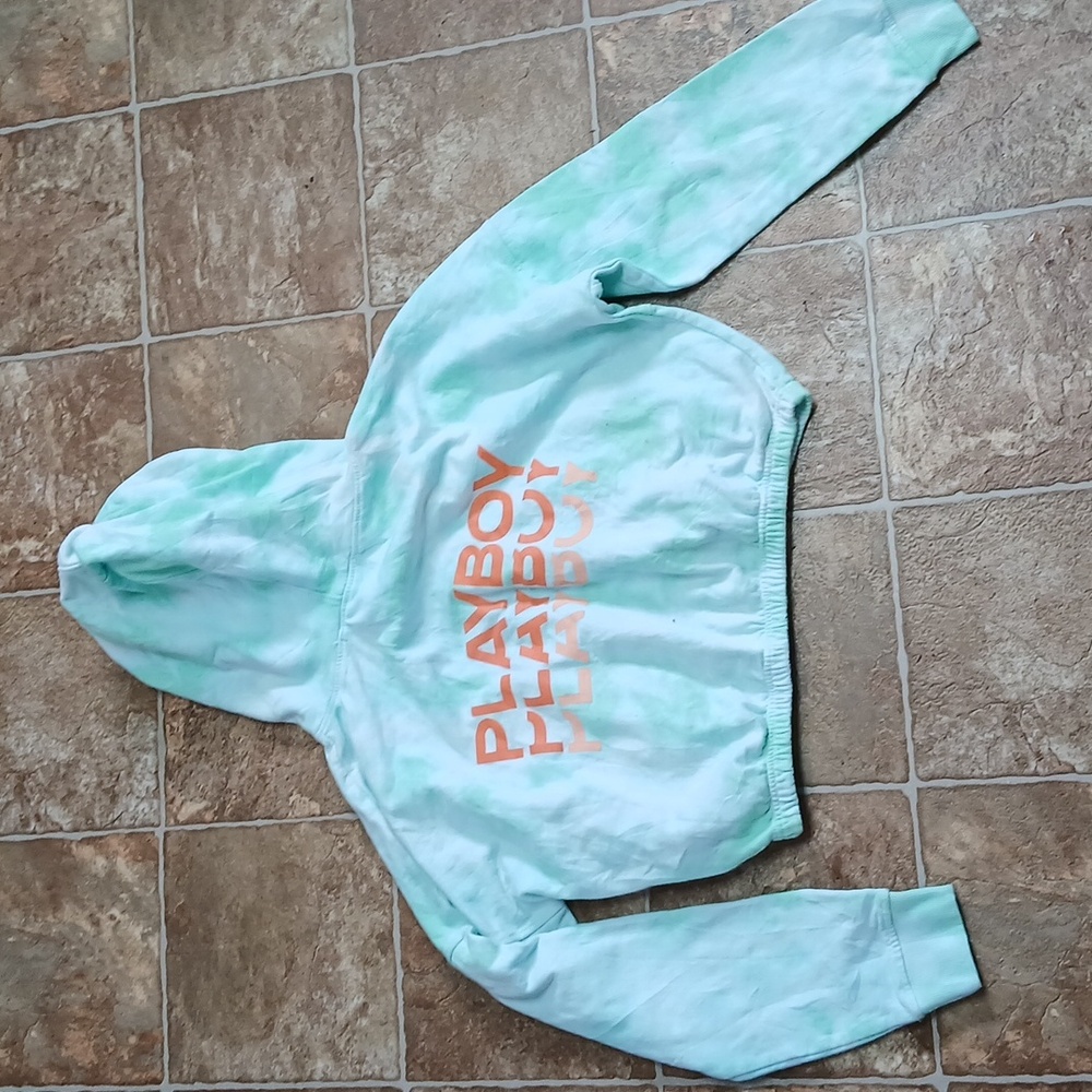 GUC Playboy Miss guided green tie dye white crop top hoodie 1/4 zip - Picture 5 of 6
